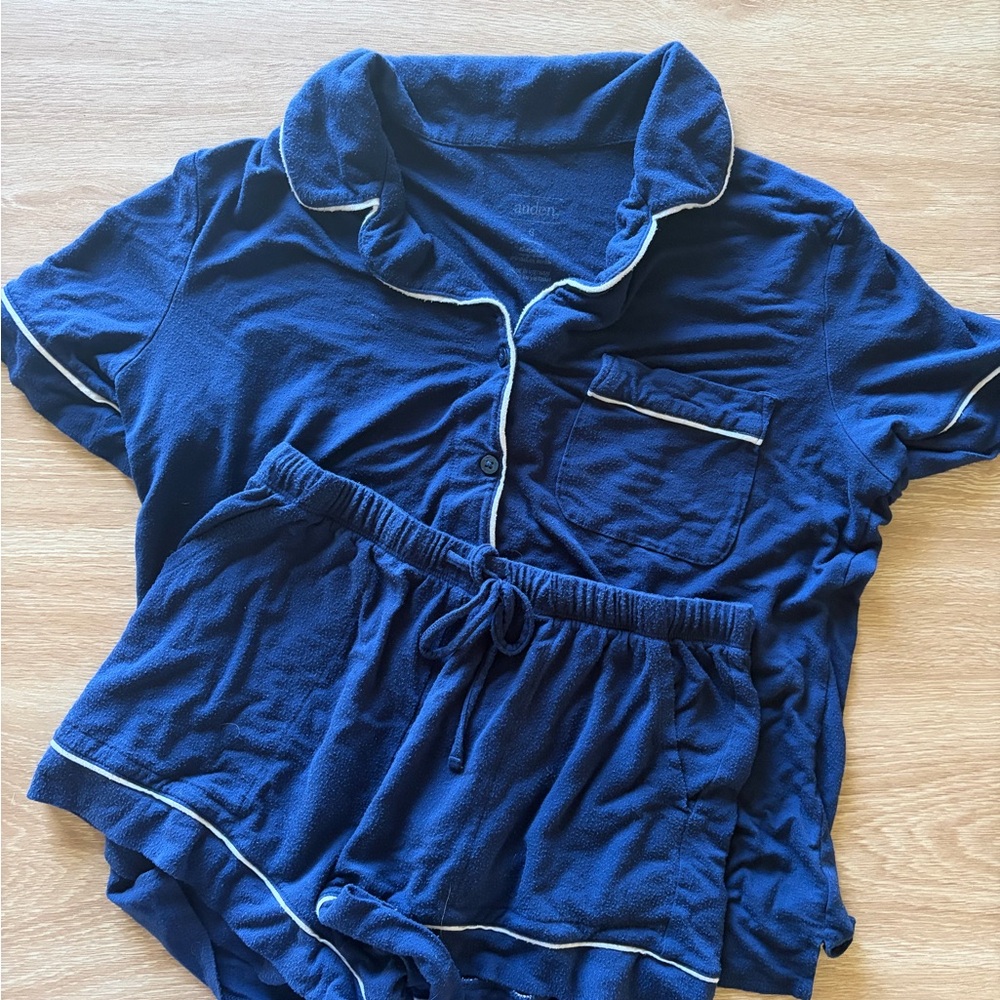 Auden Navy Short Sleeve Cloud Knit Pajama Set with White Piping - Size S